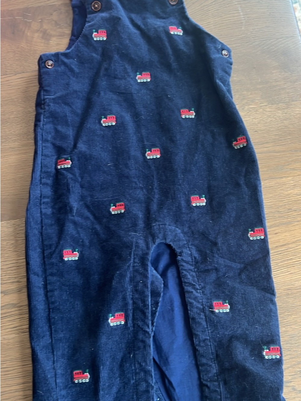Janie and Jack Navy Corduroy Overalls with Red Train Embroidery